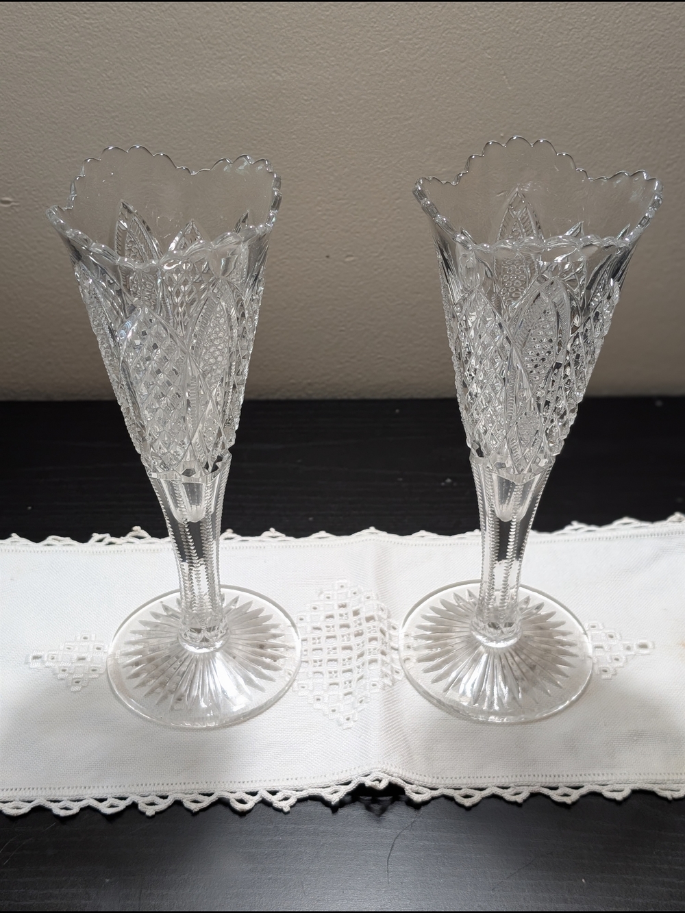 Duncan and Sons Diamond Cut Glass Crystal-Style Pair of Etched Fluted Vases